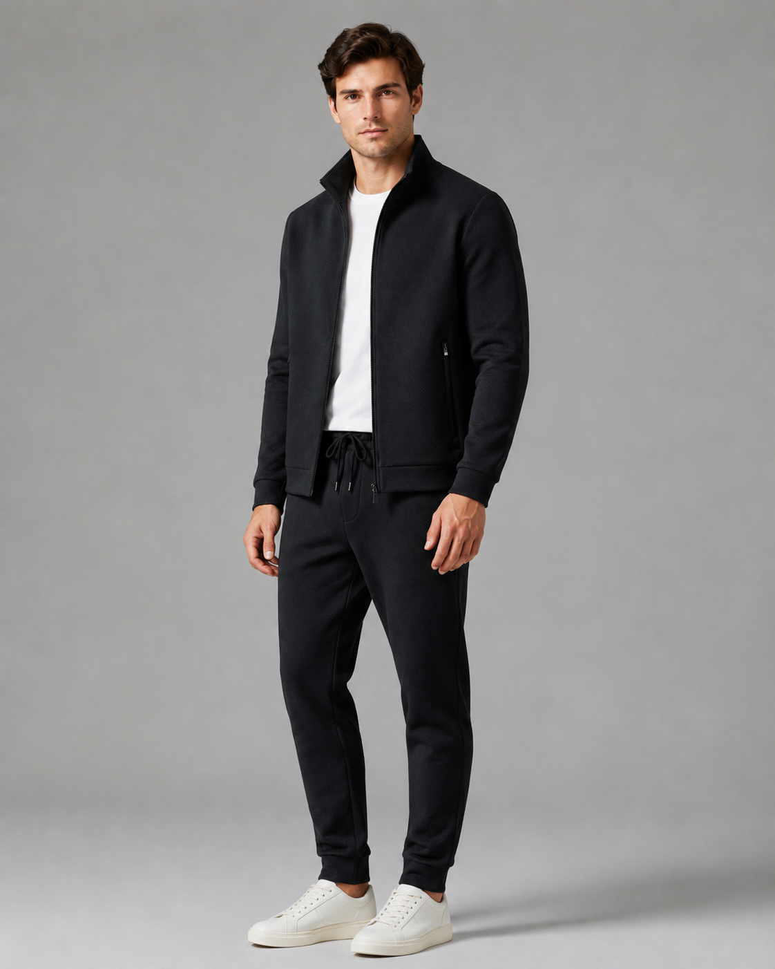 Men's Tracksuit Set - Textured Zip-Up Jacket & Joggers