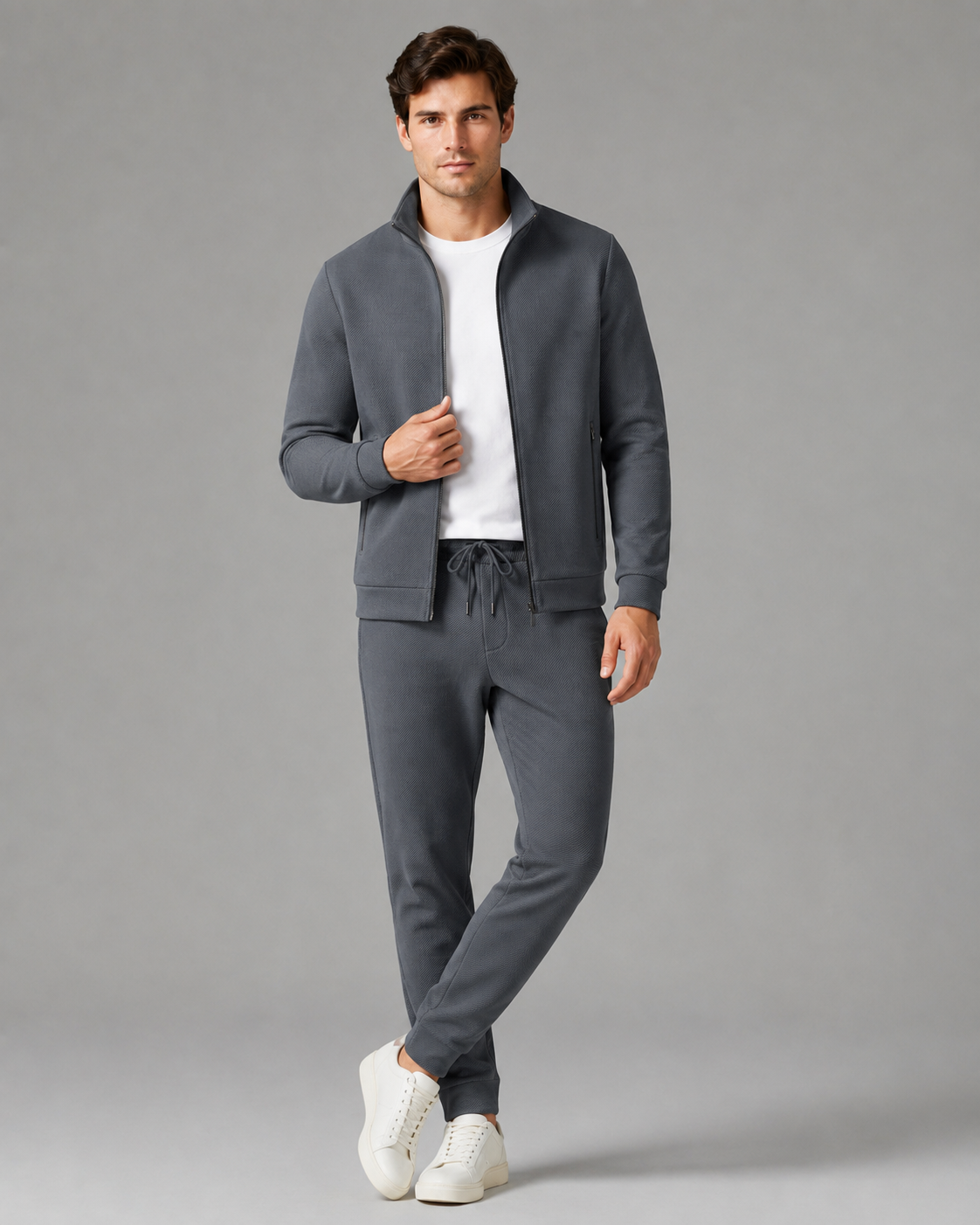 Men's Tracksuit Set - Textured Zip-Up Jacket & Joggers