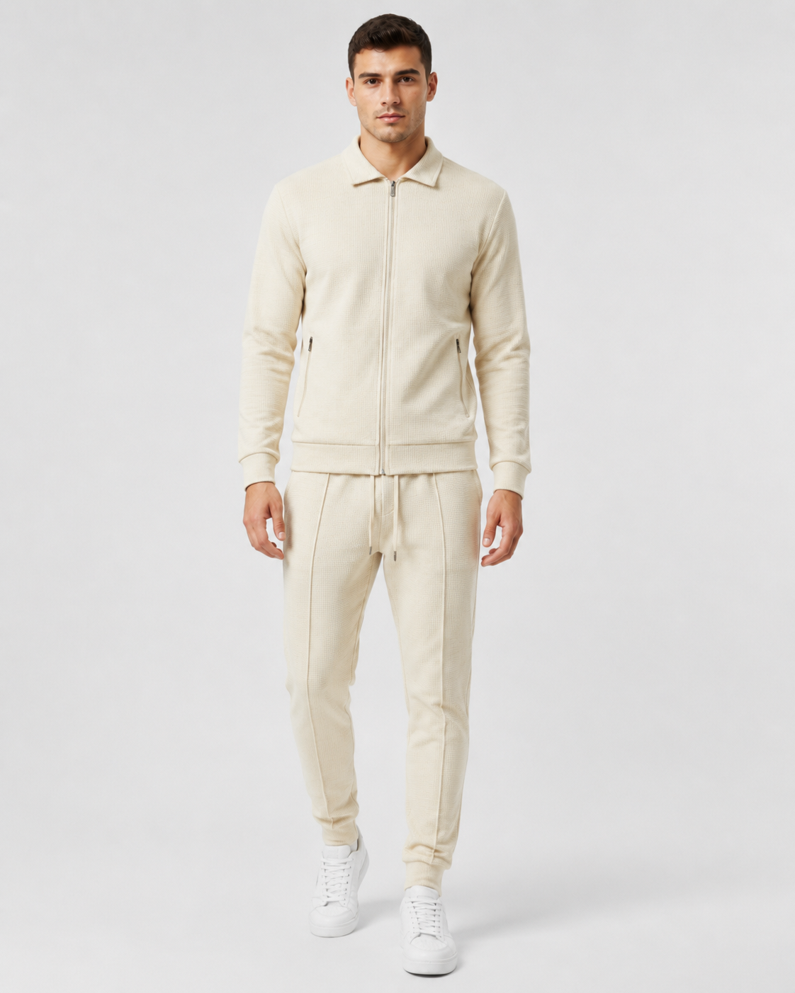 Men's Knit Zip Tracksuit - Collared Top & Joggers