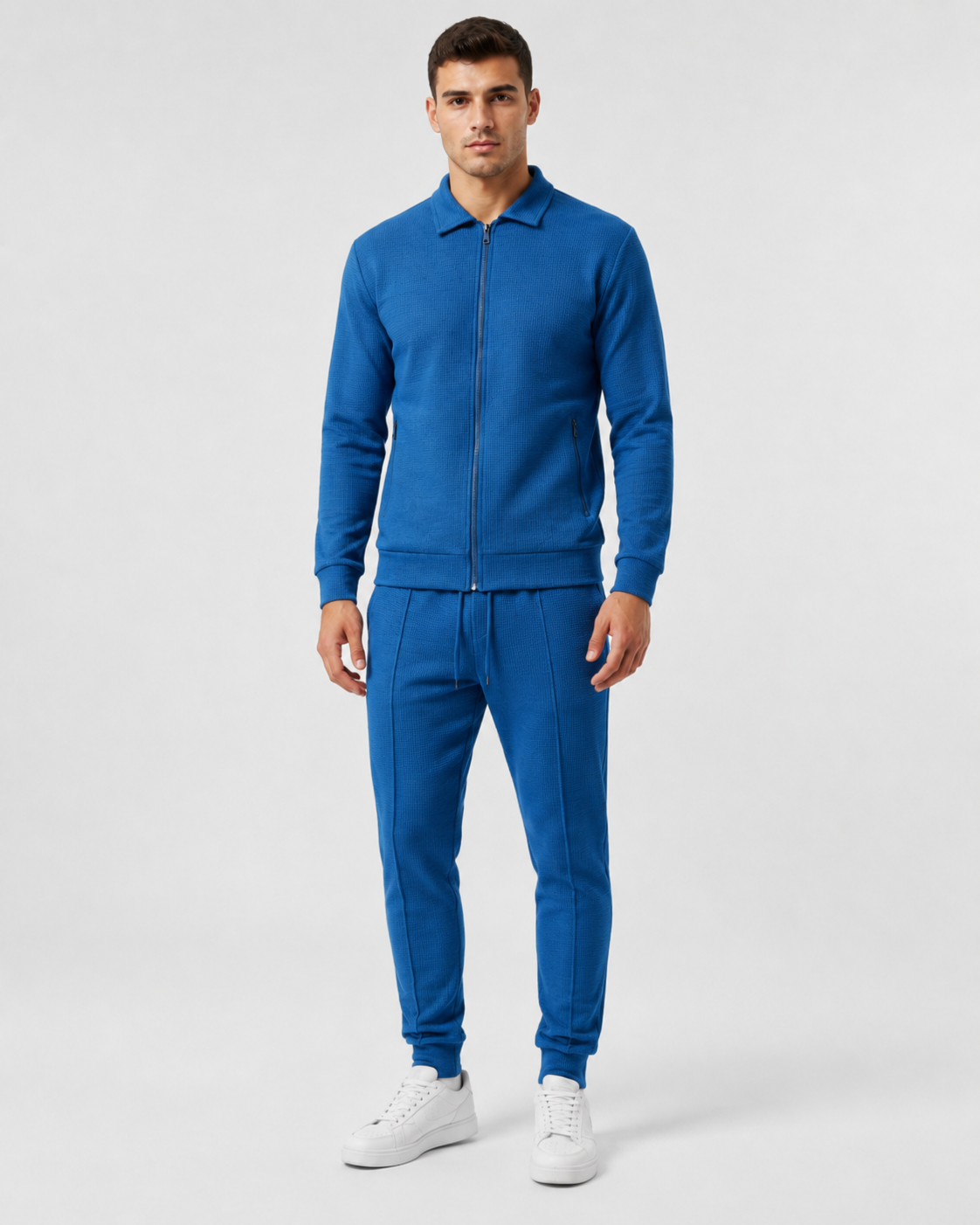 Men's Knit Zip Tracksuit - Collared Top & Joggers